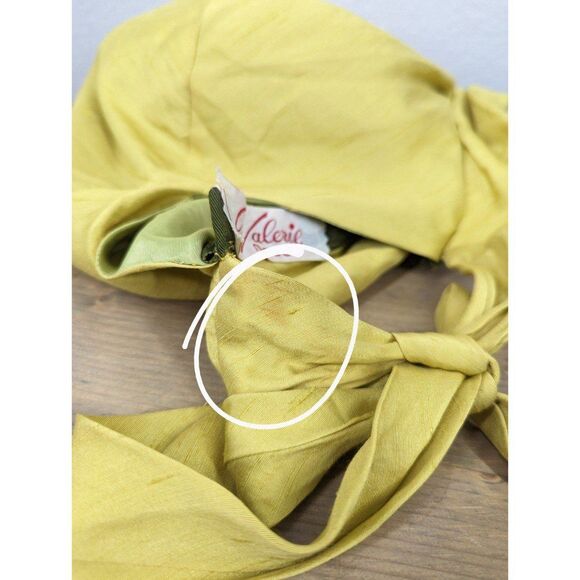 Vintage Valerie Modes Satin Tie Back Hat Chartreuse Green MCM Artsy Indie - Picture 7 of 12